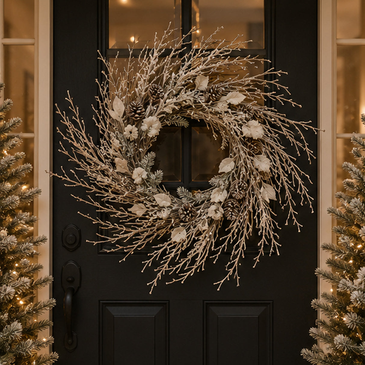 Pre-Lit Alpine Snow Wreath with Pinecones & Warm White LED Lights, 24 Inch
