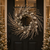 Pre-Lit Alpine Snow Wreath with Pinecones & Warm White LED Lights, 24 Inch