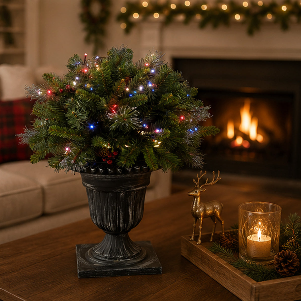 Pre-Lit Crestwood Spruce Porch Bush with Smart Twinkly LED Lights, Plug-In