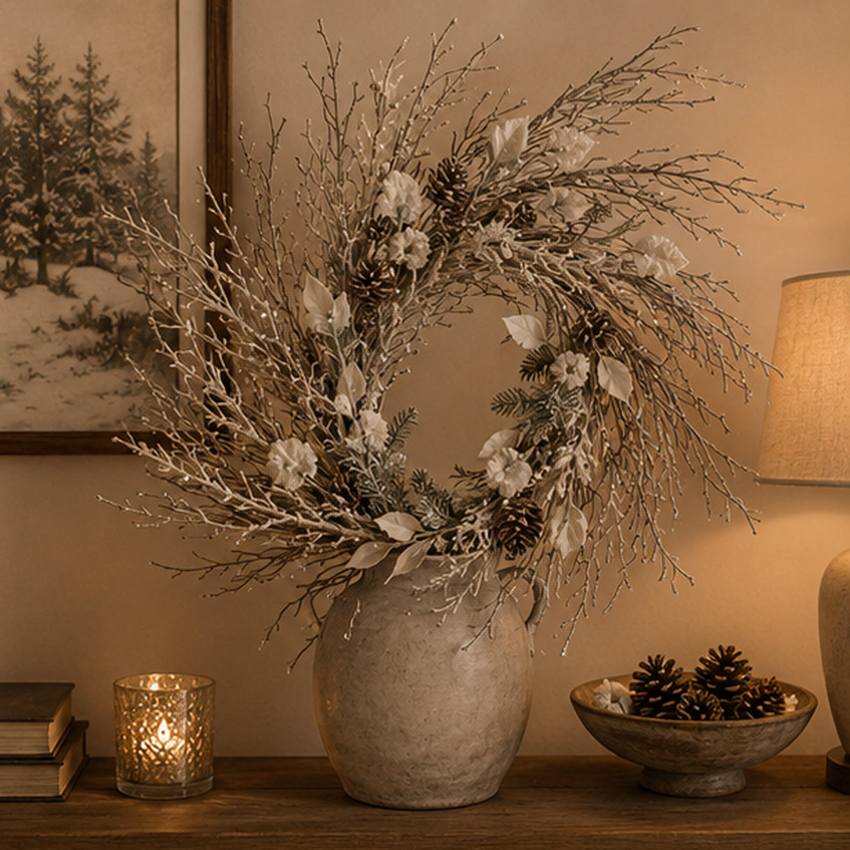 Pre-Lit Alpine Snow Wreath with Pinecones & Warm White LED Lights, 24 Inch