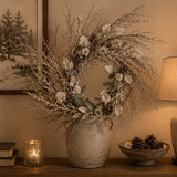 Pre-Lit Alpine Snow Wreath with Pinecones & Warm White LED Lights, 24 Inch