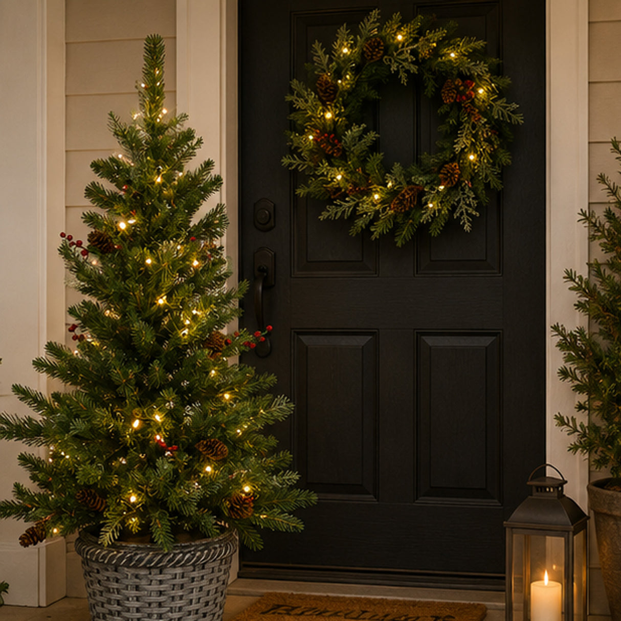 Pre-Lit Buzzard Pine 3-Piece Christmas Entry Set with Tree, Wreath & Garland