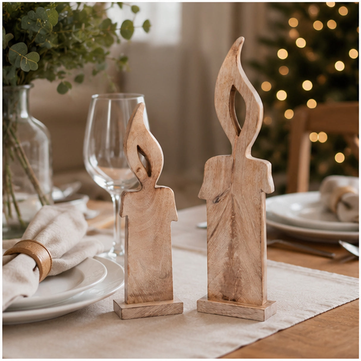 Wood Christmas Candles 2 Piece Rustic Holiday Decor Set