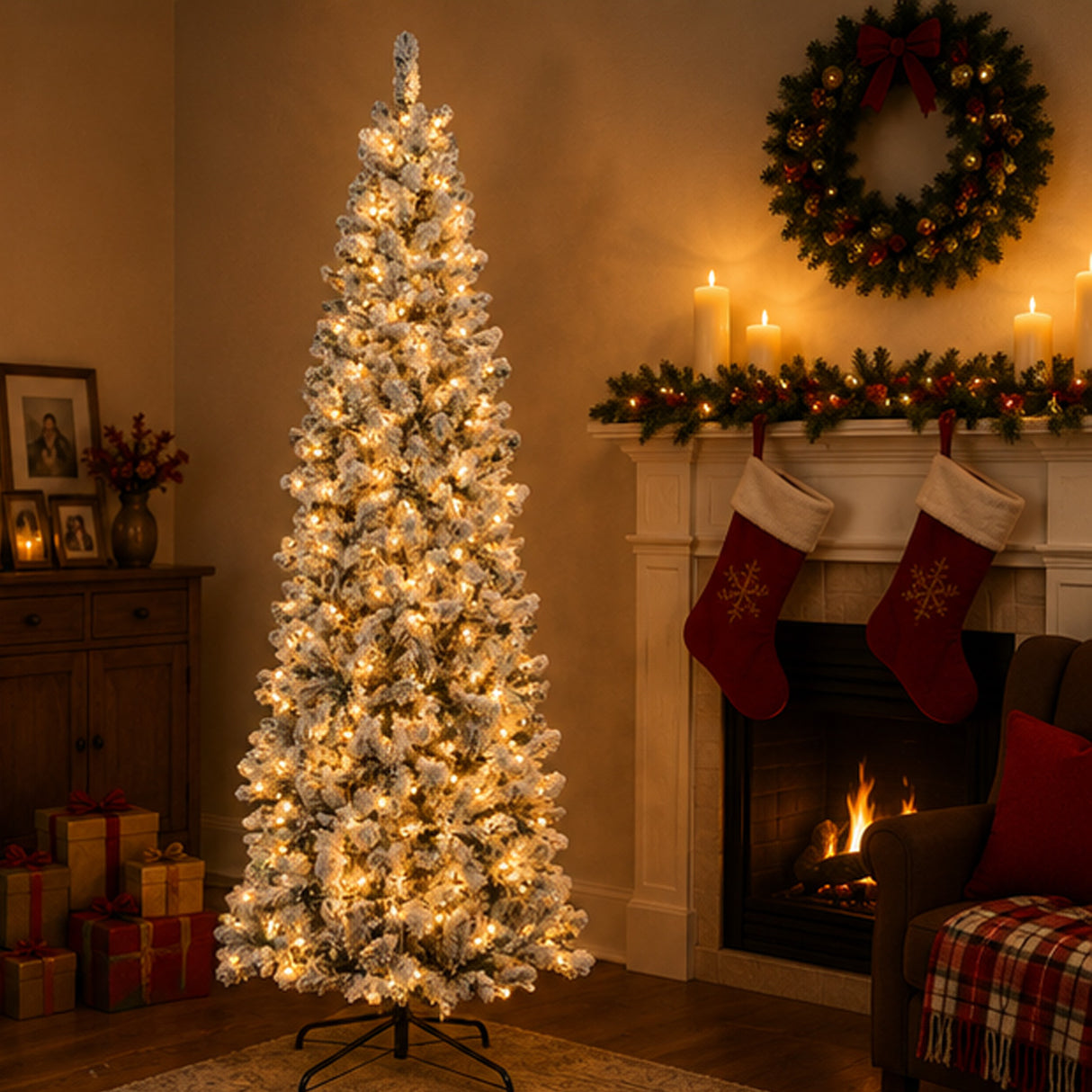 Pre Lit Snow Flocked Pencil Christmas Tree Slim Artificial Tree