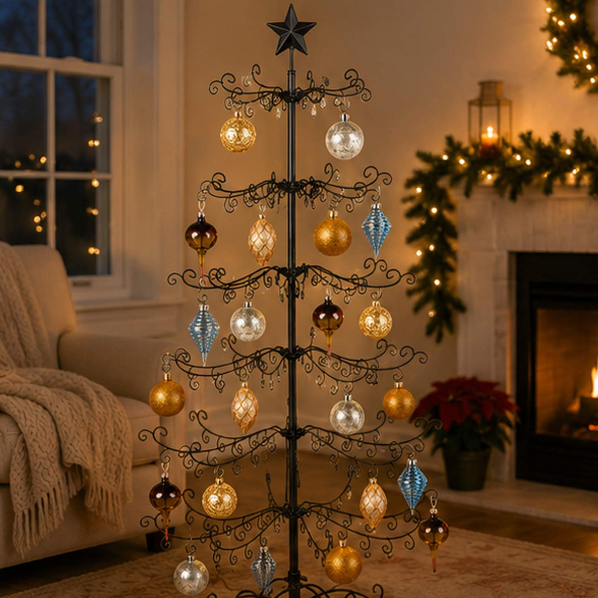 6Ft Wrought Iron Christmas Tree Ornament Display Stand with Folding Design