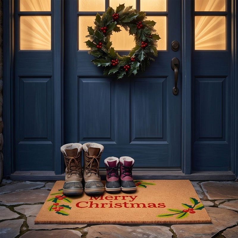 Red Merry Christmas Coir Door Mat 17x29 Inch Holiday Welcome Mat