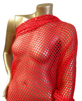 Coral Red Big Hole Diamond Mesh Stretch Polyester Spandex Fabric - Coral Red Diamond Mesh, Subtle Silver Foil, 58" Width
