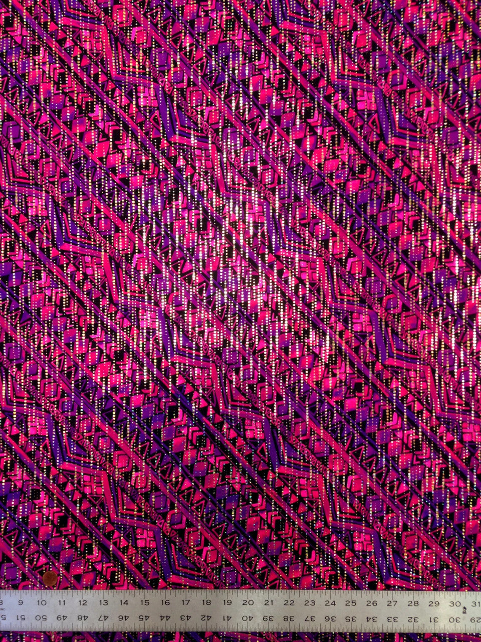 Purple Fuchsia Tribal Pattern Nylon Spandex Fabric - Gold Holographic Foil, Purple Fuchsia, 58" Width