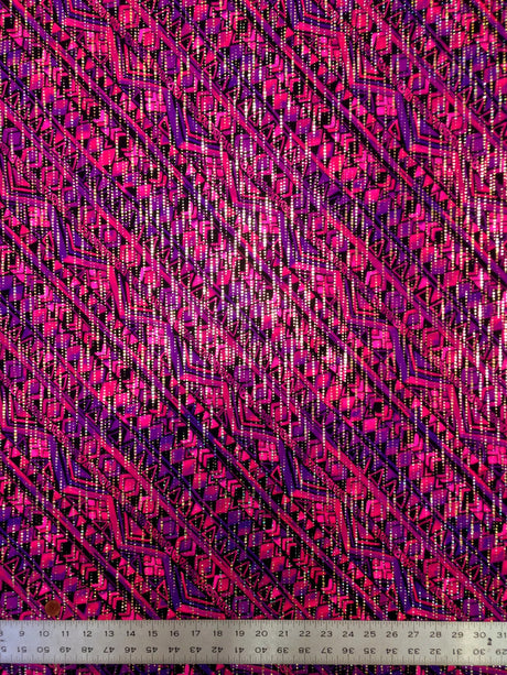 Purple Fuchsia Tribal Pattern Nylon Spandex Fabric - Gold Holographic Foil, Purple Fuchsia, 58" Width