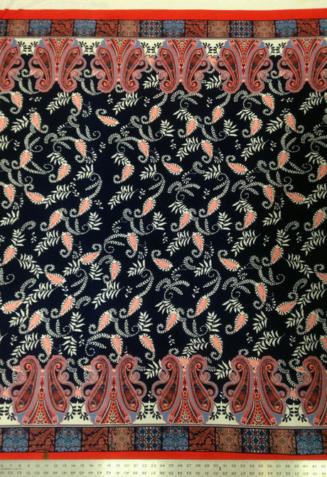 Border Paisley Pattern On Dark Navy Stretch Lightweight Knit Jersey Polyester Spandex Fabric - Dark Navy Paisley, 58"- 60" Width