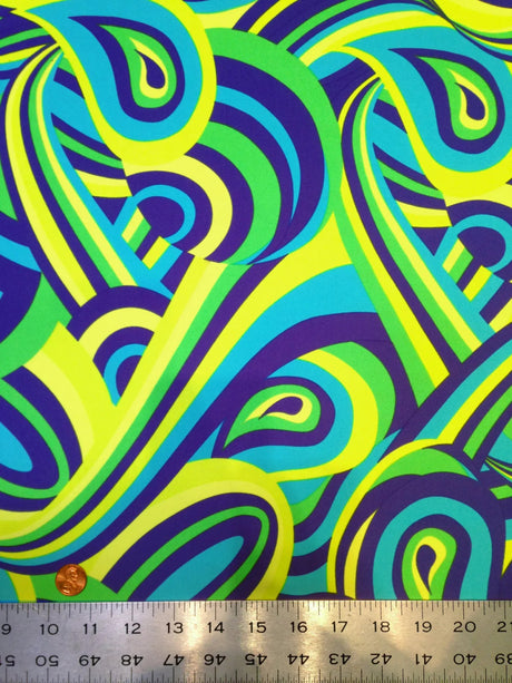 Colorful Neon Psychedelic Retro Pattern Nylon Spandex Fabric - Multi Color, Orange/Yellow, Teal/Green, 58"-60" Width