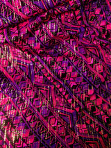 Purple Fuchsia Tribal Pattern Nylon Spandex Fabric - Gold Holographic Foil, Purple Fuchsia, 58" Width