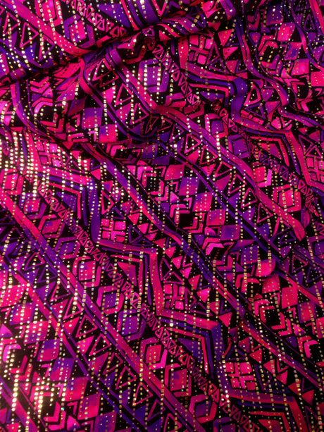 Purple Fuchsia Tribal Pattern Nylon Spandex Fabric - Gold Holographic Foil, Purple Fuchsia, 58" Width