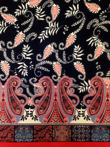 Border Paisley Pattern On Dark Navy Stretch Lightweight Knit Jersey Polyester Spandex Fabric - Dark Navy Paisley, 58"- 60" Width