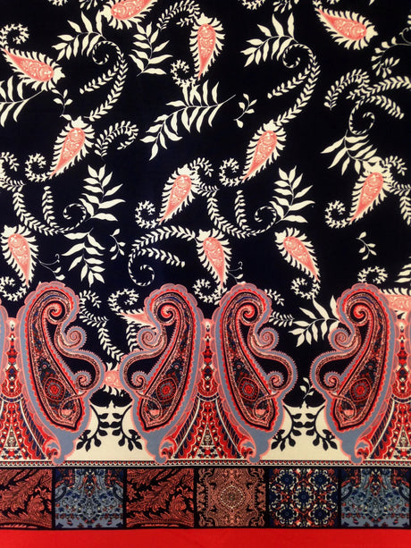 Border Paisley Pattern On Dark Navy Stretch Lightweight Knit Jersey Polyester Spandex Fabric - Dark Navy Paisley, 58"- 60" Width