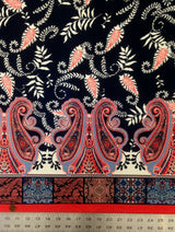 Border Paisley Pattern On Dark Navy Stretch Lightweight Knit Jersey Polyester Spandex Fabric - Dark Navy Paisley, 58"- 60" Width