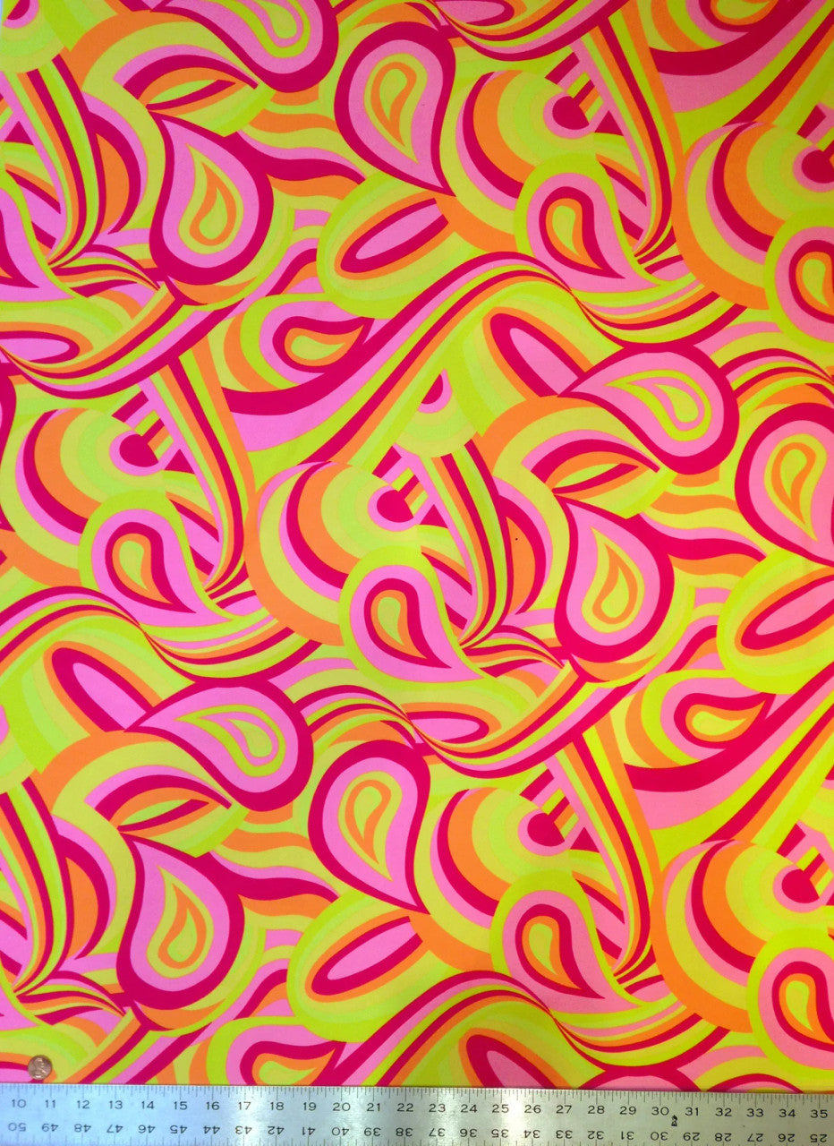 Colorful Neon Psychedelic Retro Pattern Nylon Spandex Fabric - Multi Color, Orange/Yellow, Teal/Green, 58"-60" Width