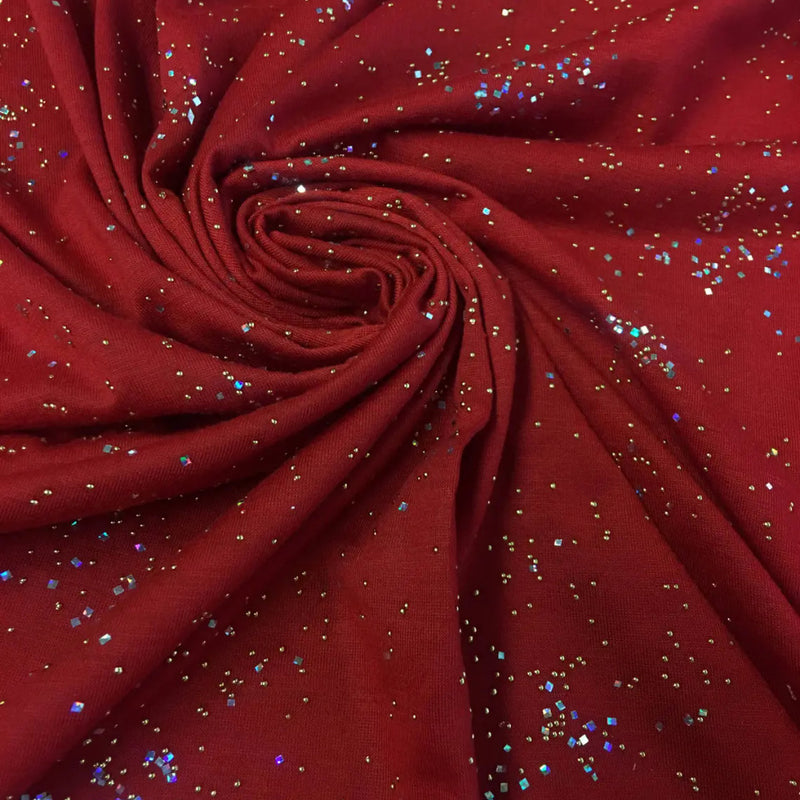 Small Gold Studs And Holographic Small Trans Polyester Rayon Mechanical Spandex Fabric - Scarlet Color, Mini Circle Studs, Holographic Trans, 58" - 60" Wide