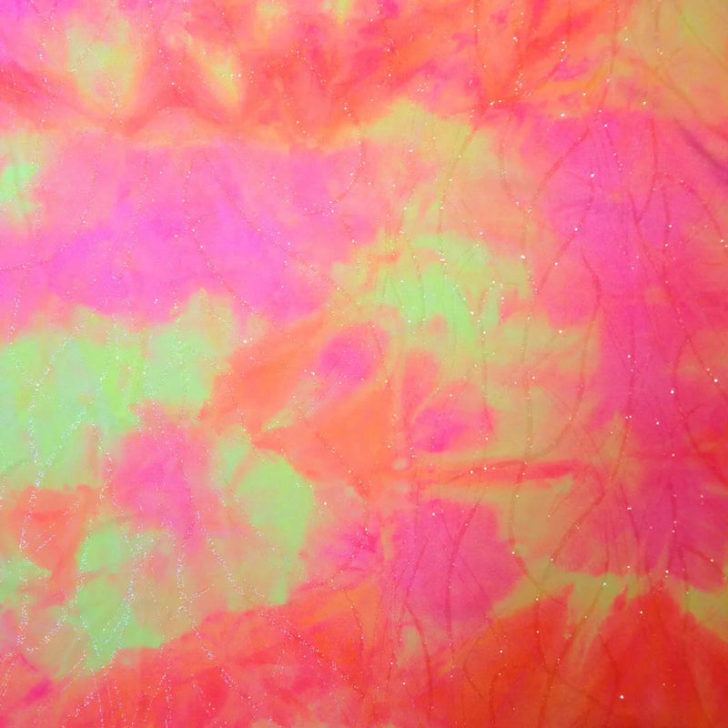 Tie Dye Neon Nylon Spandex Fabric - Transparent Glitters Pattern, Bright Crease Stretch, 58"-60" Width