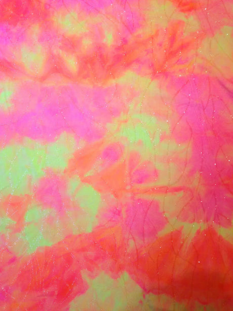 Tie Dye Neon Nylon Spandex Fabric - Transparent Glitters Pattern, Bright Crease Stretch, 58"-60" Width