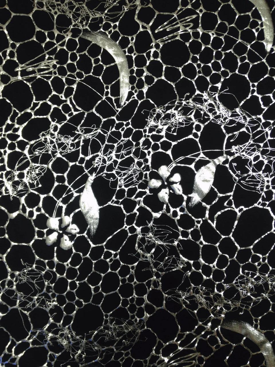 Polyester Spandex Fabric - Silver Floral Geometric Foil Design, 58" To 60" Width