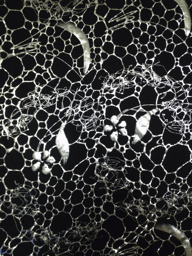 Polyester Spandex Fabric - Silver Floral Geometric Foil Design, 58" To 60" Width