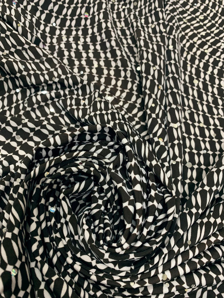 Polyester Spandex Single Span Geometric Print Fabric - Black, Brown, Silver Trans, 58"-60" Width