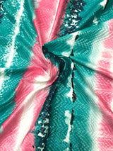 Polyester Spandex Fabric - 2 Way Stretch, Stripes, Shiny Foil Design, Teal/Pink, Orange/Yellow, 58-60" Width
