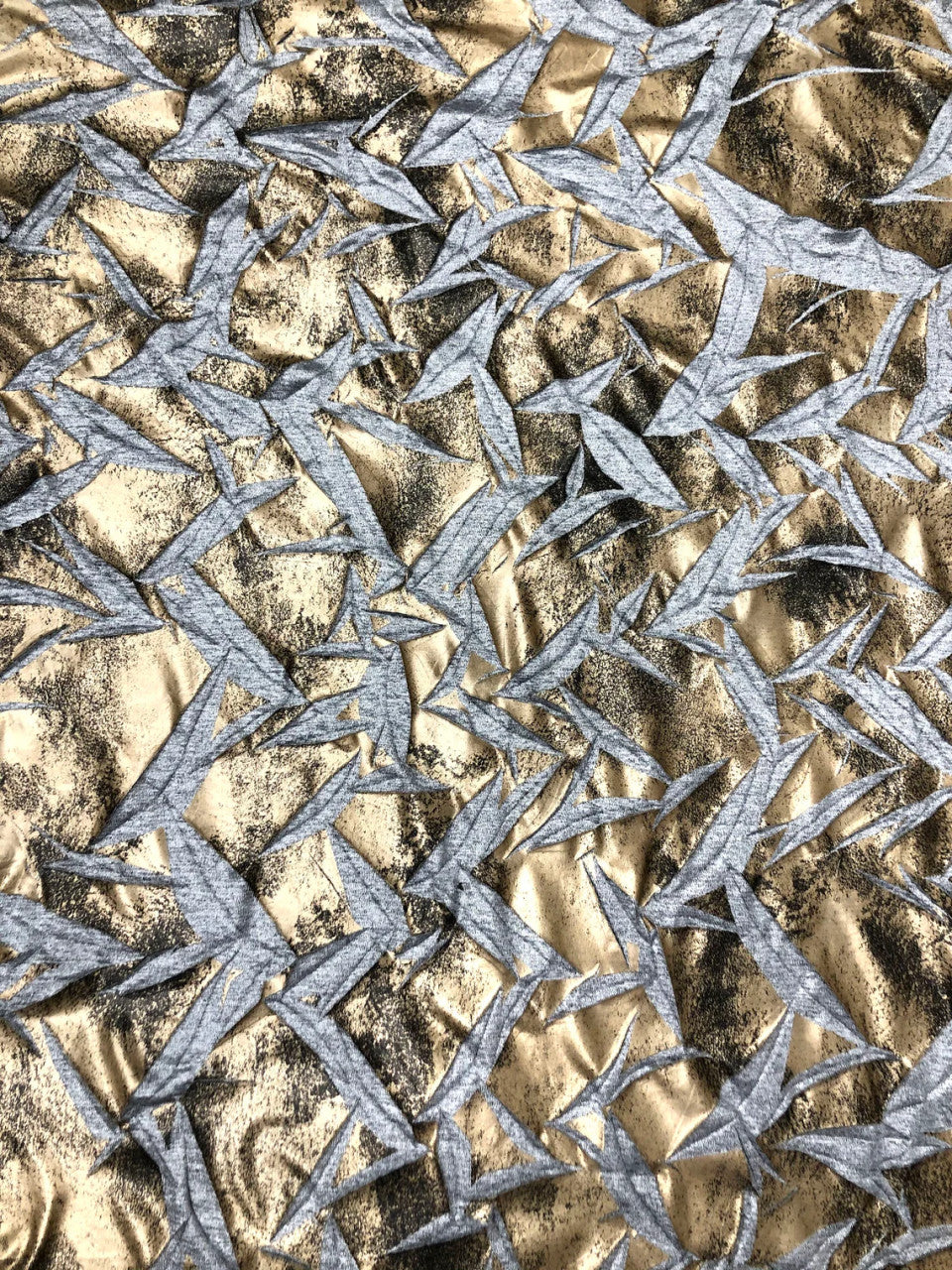 Polyester Spandex Fabric - Crinkle 2 Tone Matte Foil Kamang Design, Charcoal/Grey, Charcoal/Gold, 54/56" Width