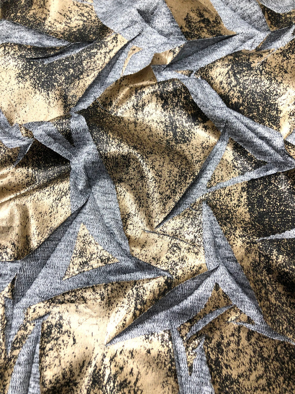 Polyester Spandex Fabric - Crinkle 2 Tone Matte Foil Kamang Design, Charcoal/Grey, Charcoal/Gold, 54/56" Width