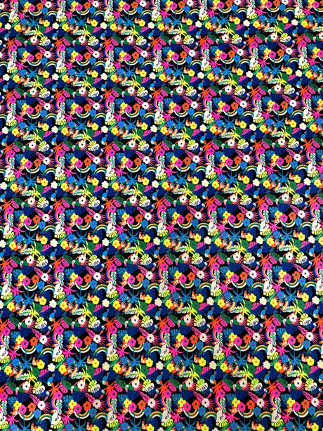 Nylon Spandex Fabric - Neon Small Floral And Toucans Design, 58" To 60" Width