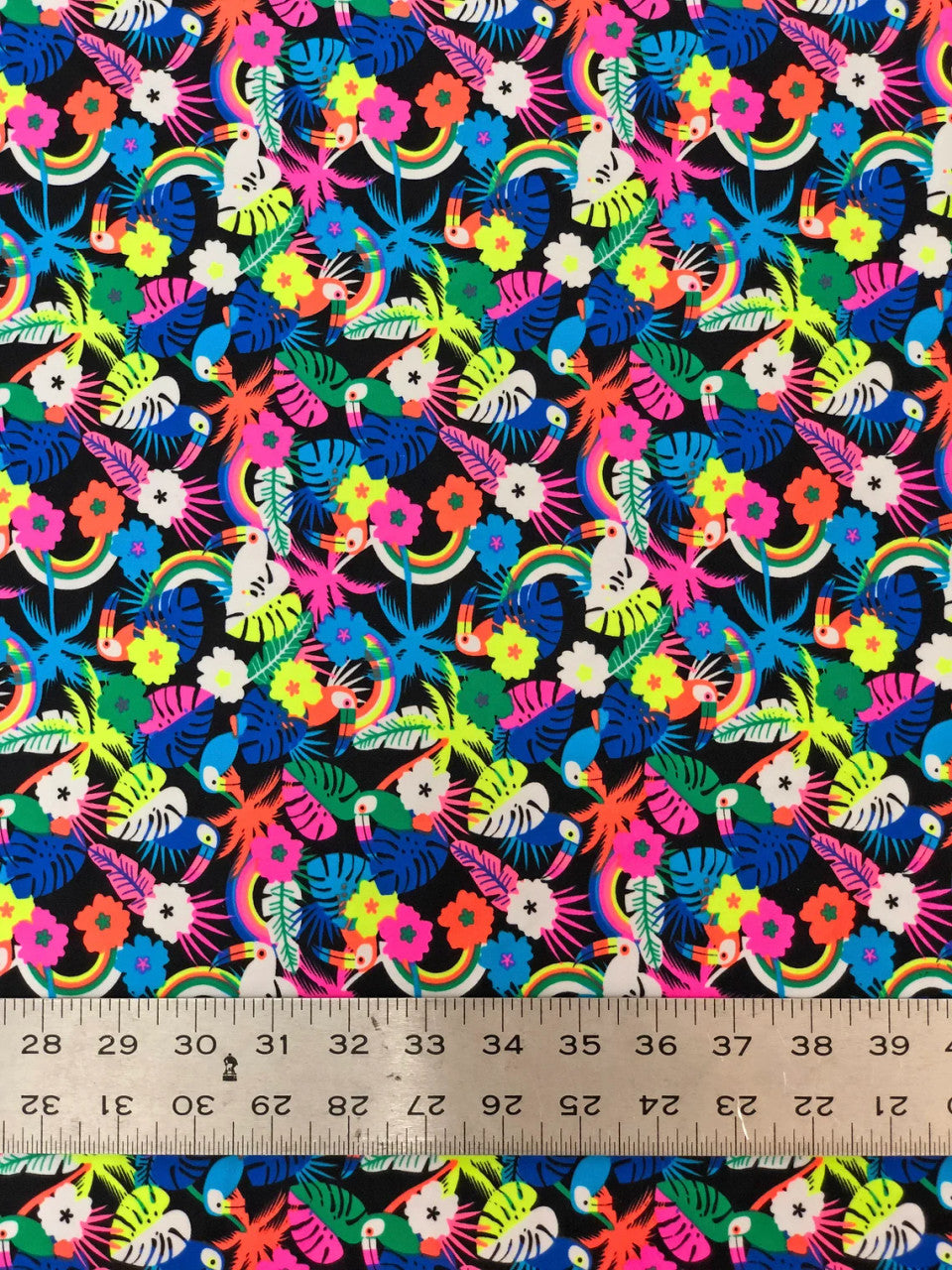Nylon Spandex Fabric - Neon Small Floral And Toucans Design, 58" To 60" Width