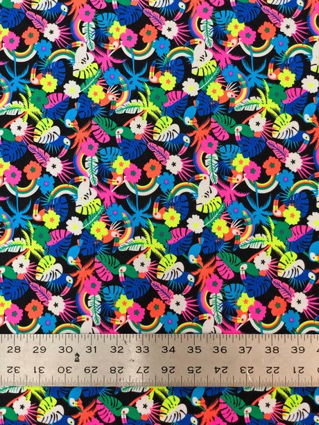 Nylon Spandex Fabric - Neon Small Floral And Toucans Design, 58" To 60" Width