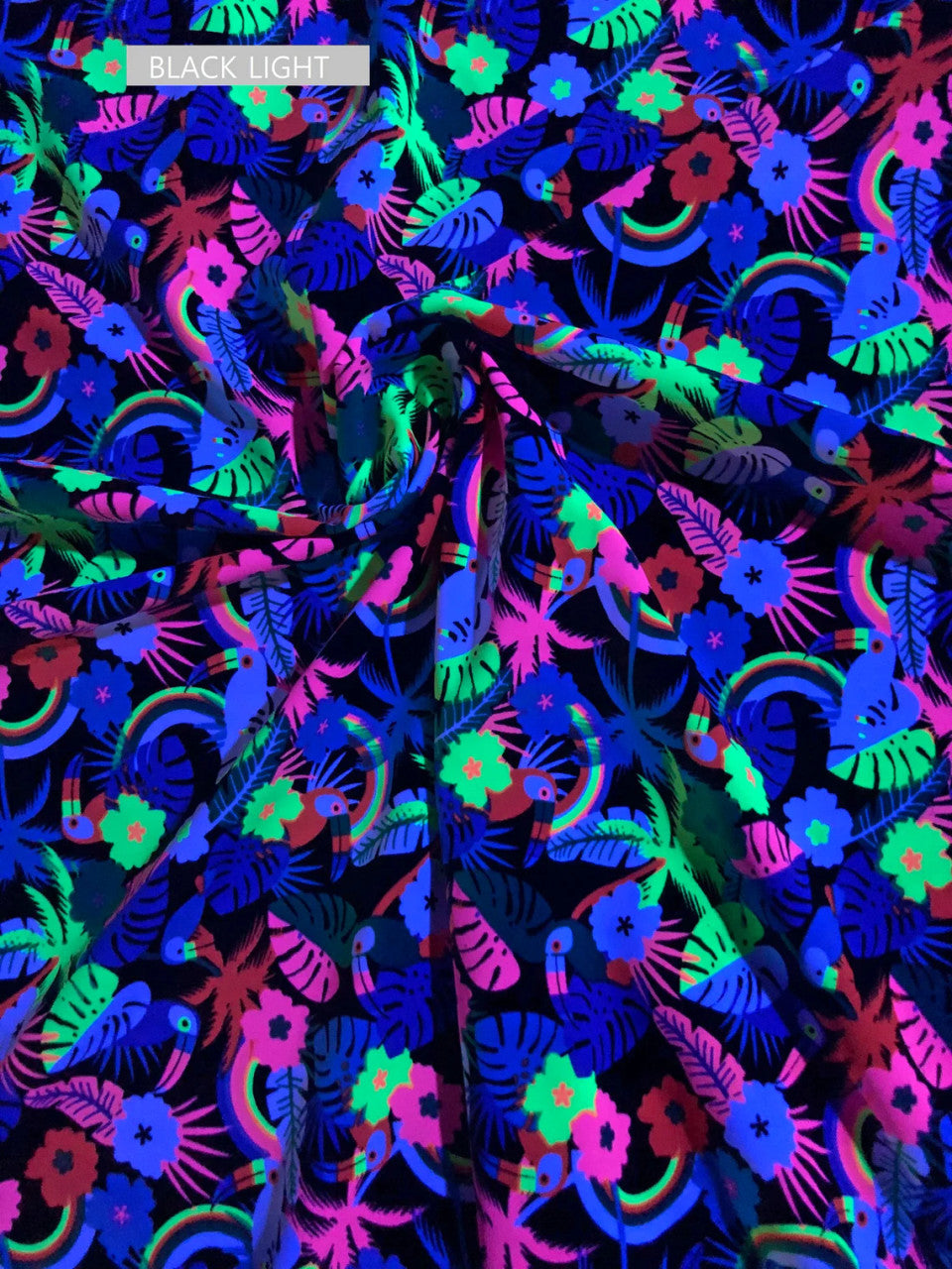 Nylon Spandex Fabric - Neon Small Floral And Toucans Design, 58" To 60" Width