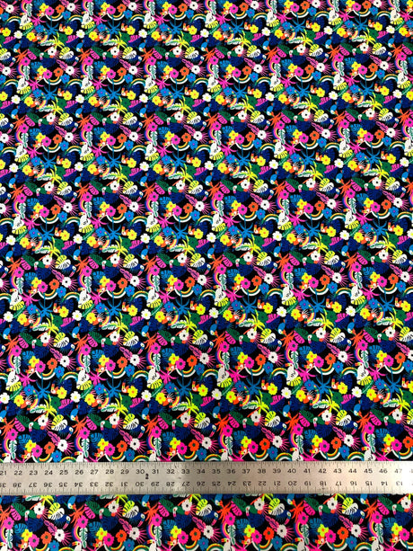 Nylon Spandex Fabric - Neon Small Floral And Toucans Design, 58" To 60" Width