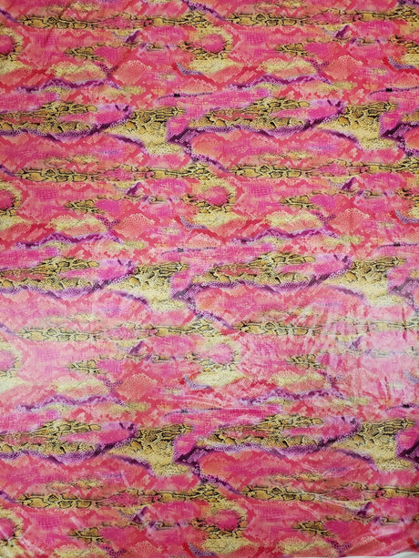 Shiny Snake Print Foil Polyester Spandex Fabric - Pink And Mustard Snake Print, 58"-60" Width