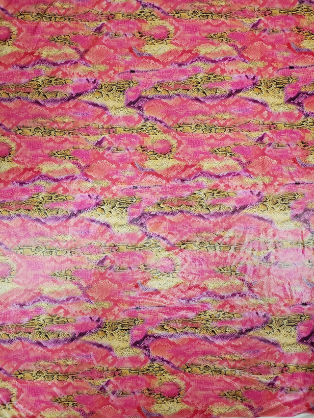 Shiny Snake Print Foil Polyester Spandex Fabric - Pink And Mustard Snake Print, 58"-60" Width