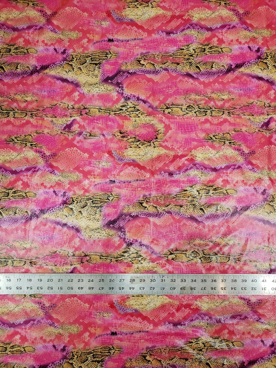 Shiny Snake Print Foil Polyester Spandex Fabric - Pink And Mustard Snake Print, 58"-60" Width