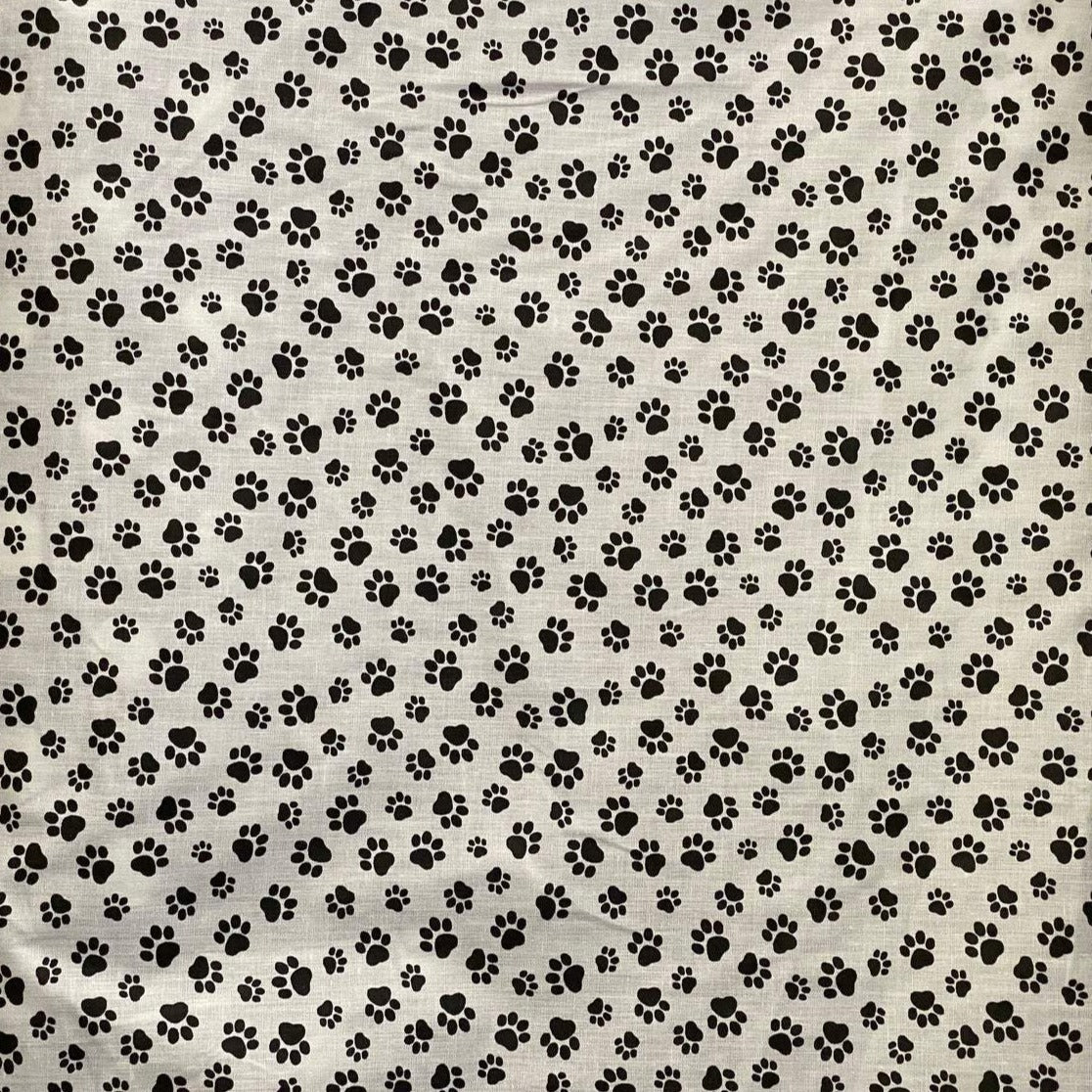 Black Paw on White Poly Cotton Fabric,
