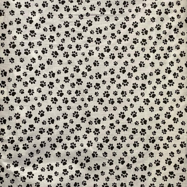 Black Paw on White Poly Cotton Fabric,