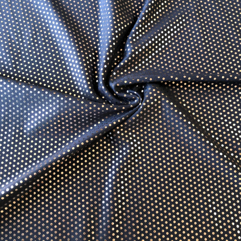 Nylon Spandex Supplex Fabric - Heavy Weight, Navy/Gold Foil Dots, 58" Width