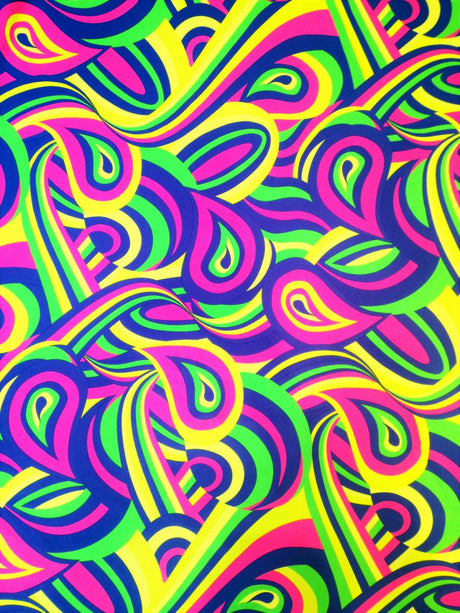 Colorful Neon Psychedelic Retro Pattern Nylon Spandex Fabric - Multi Color, Orange/Yellow, Teal/Green, 58"-60" Width