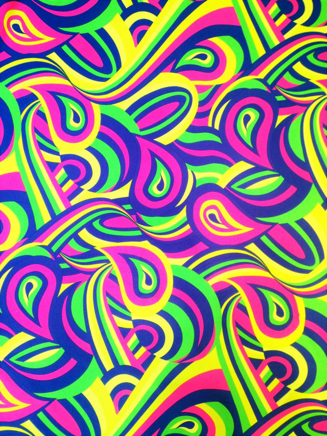 Colorful Neon Psychedelic Retro Pattern Nylon Spandex Fabric - Multi Color, Orange/Yellow, Teal/Green, 58"-60" Width