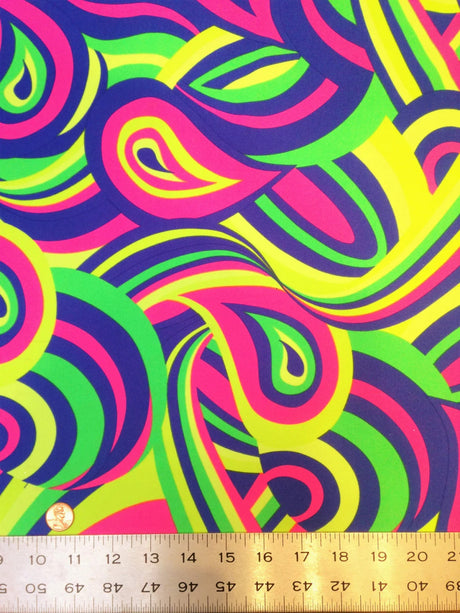 Colorful Neon Psychedelic Retro Pattern Nylon Spandex Fabric - Multi Color, Orange/Yellow, Teal/Green, 58"-60" Width