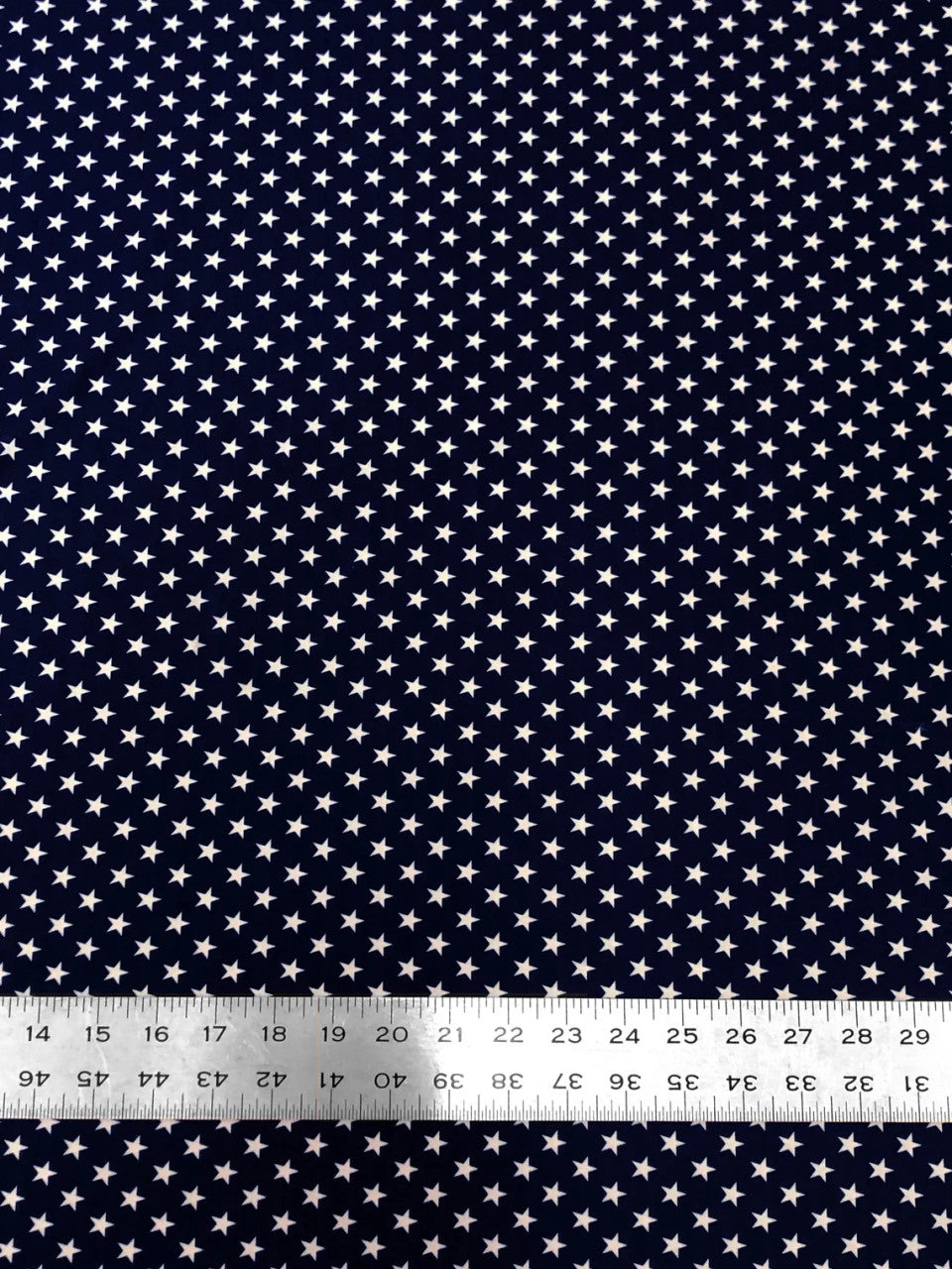 White Small Stars On Blue Polyester Spandex Fabric - White Small Stars On Blue, 54-56" Width