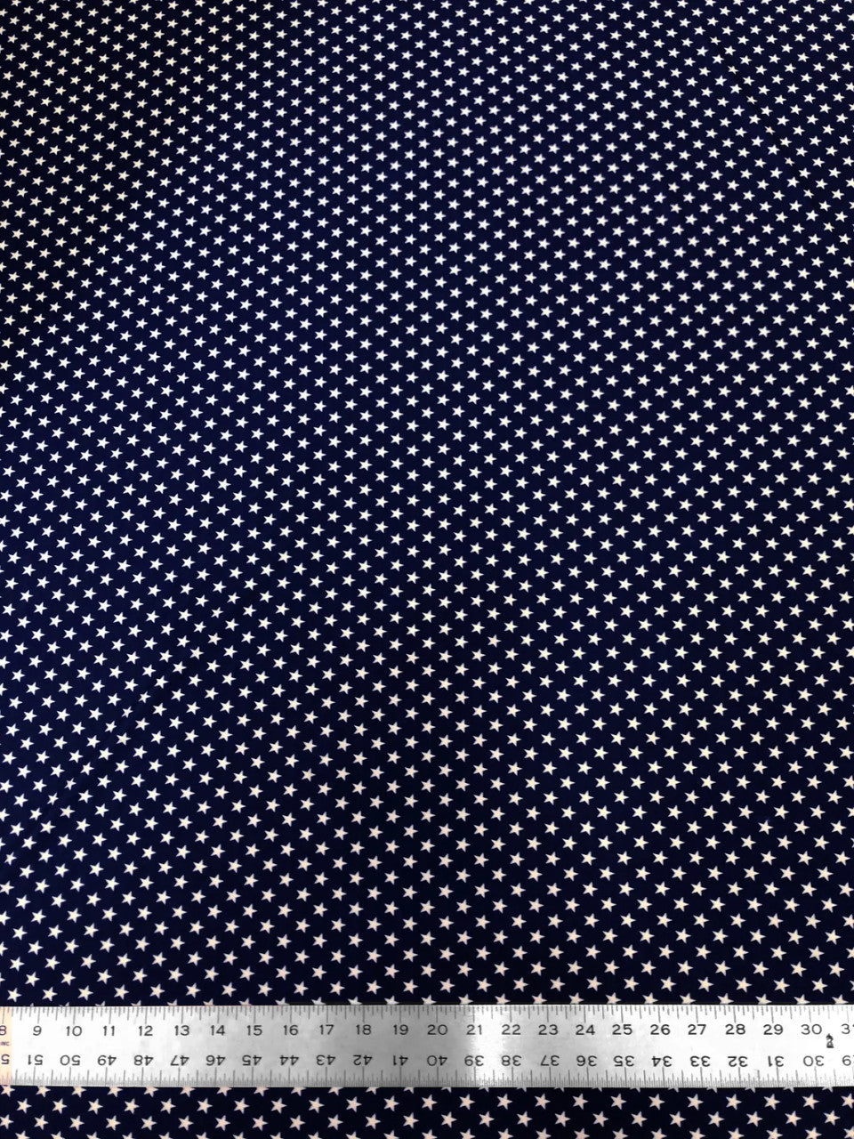 White Small Stars On Blue Polyester Spandex Fabric - White Small Stars On Blue, 54-56" Width