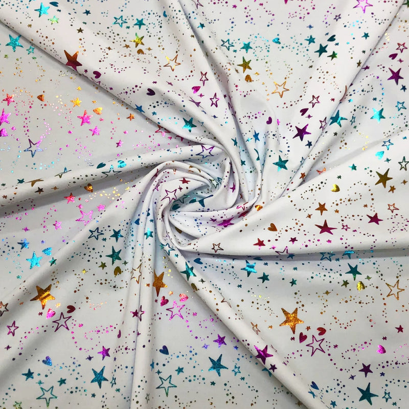 Small Multi Color Foil Stars And Hearts On White Nylon Spandex Knit Fabric - White Multi Color Foil Stars And Hearts, 58" Width