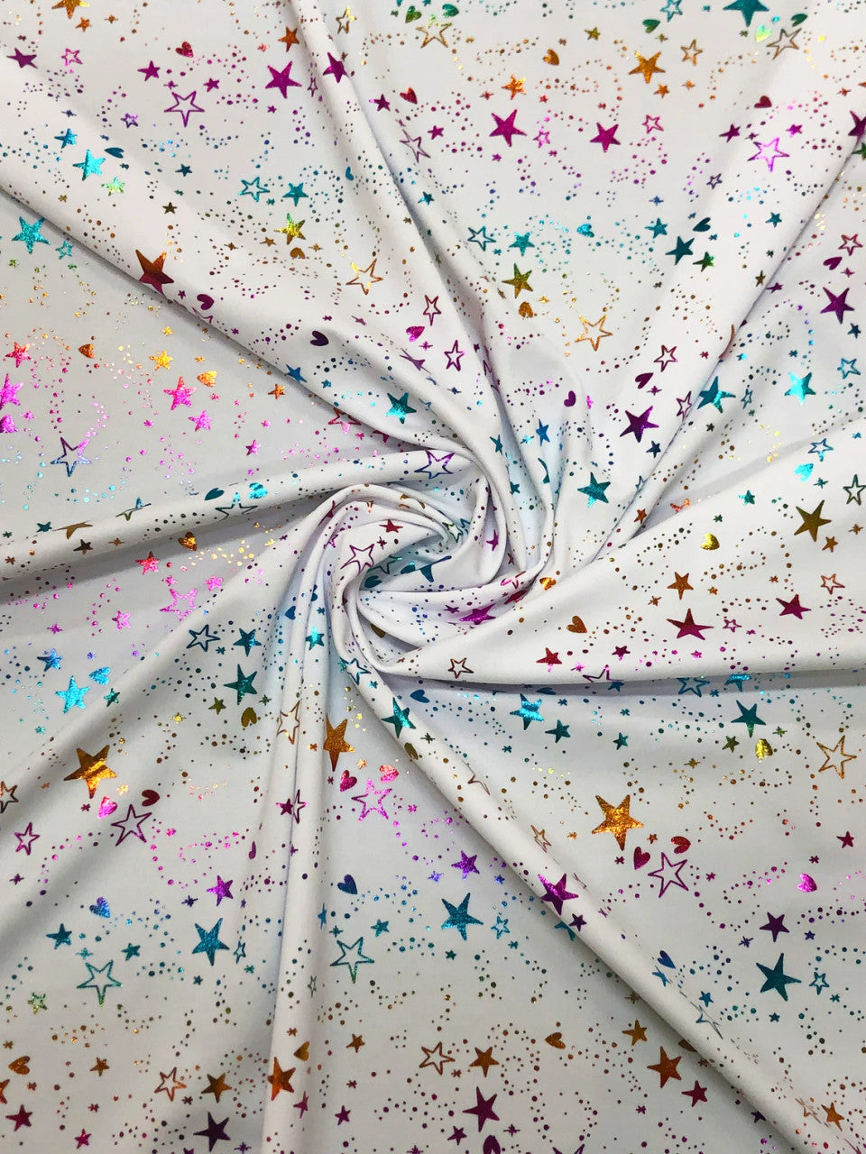 Small Multi Color Foil Stars And Hearts On White Nylon Spandex Knit Fabric - White Multi Color Foil Stars And Hearts, 58" Width