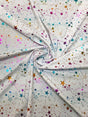 Small Multi Color Foil Stars And Hearts On White Nylon Spandex Knit Fabric - White Multi Color Foil Stars And Hearts, 58" Width