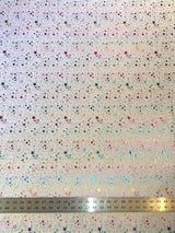Small Multi Color Foil Stars And Hearts On White Nylon Spandex Knit Fabric - White Multi Color Foil Stars And Hearts, 58" Width